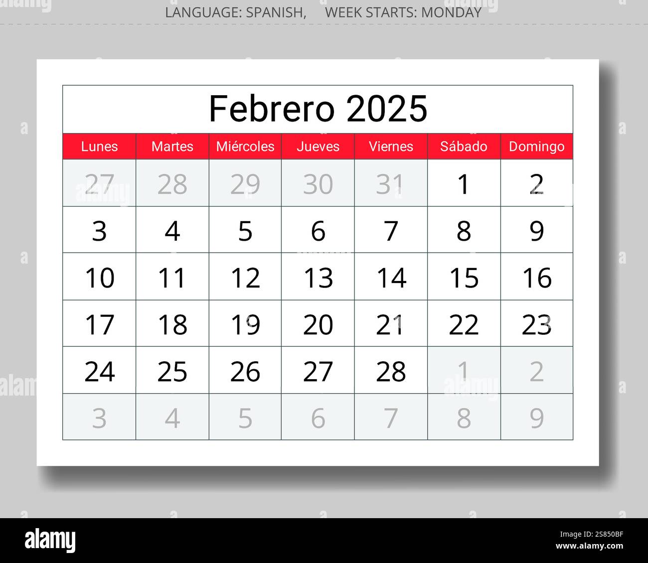 2025 Spanisch Monatskalender februar - febrero. Vektorseite Illustrationen für den Wintermonat für Spanien Stock Vektor