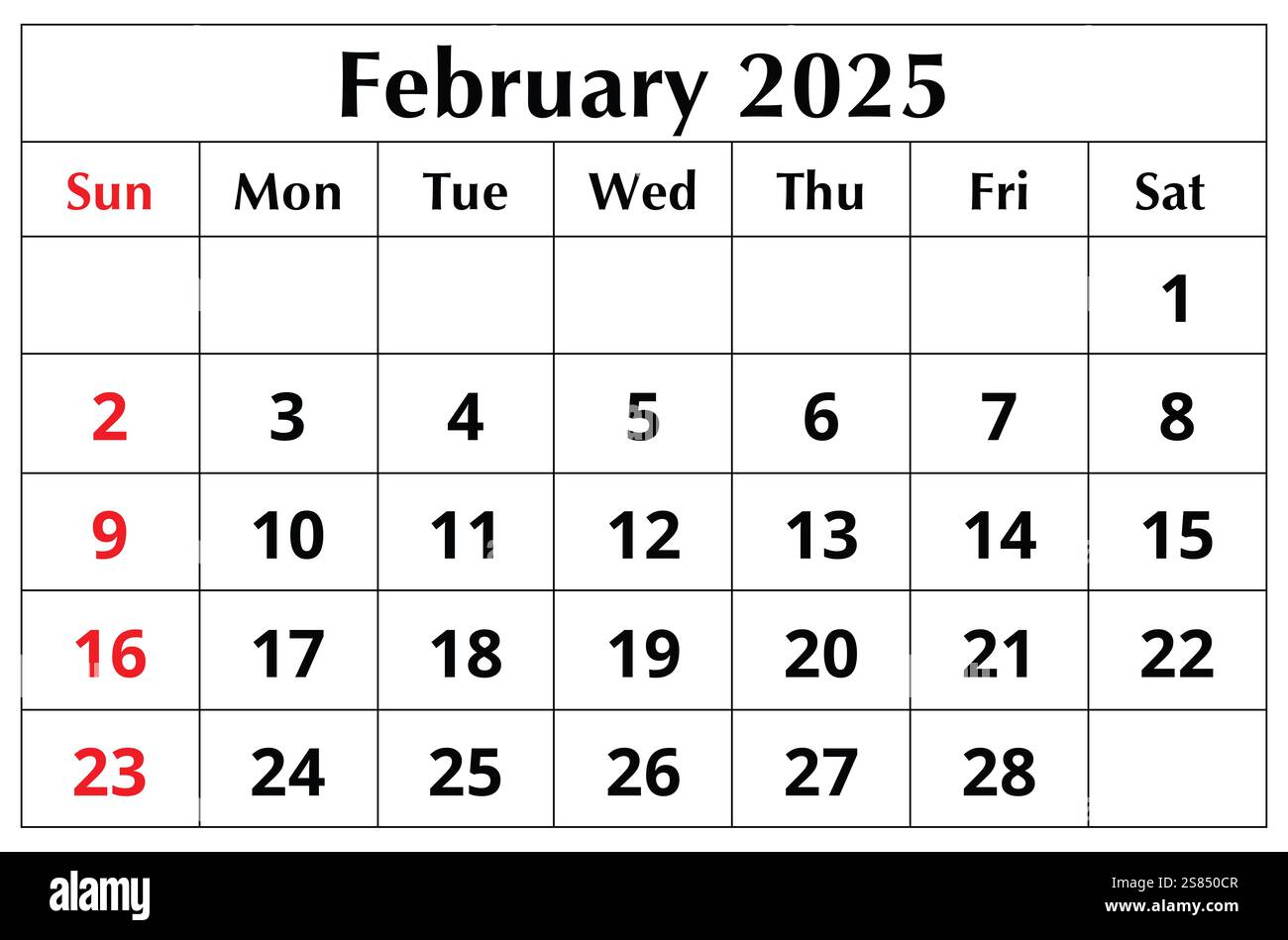 Februar 2025 ENGLISCHER Wintermonatskalender. Druckbare Abbildung. Monatliche Planung Stockfoto