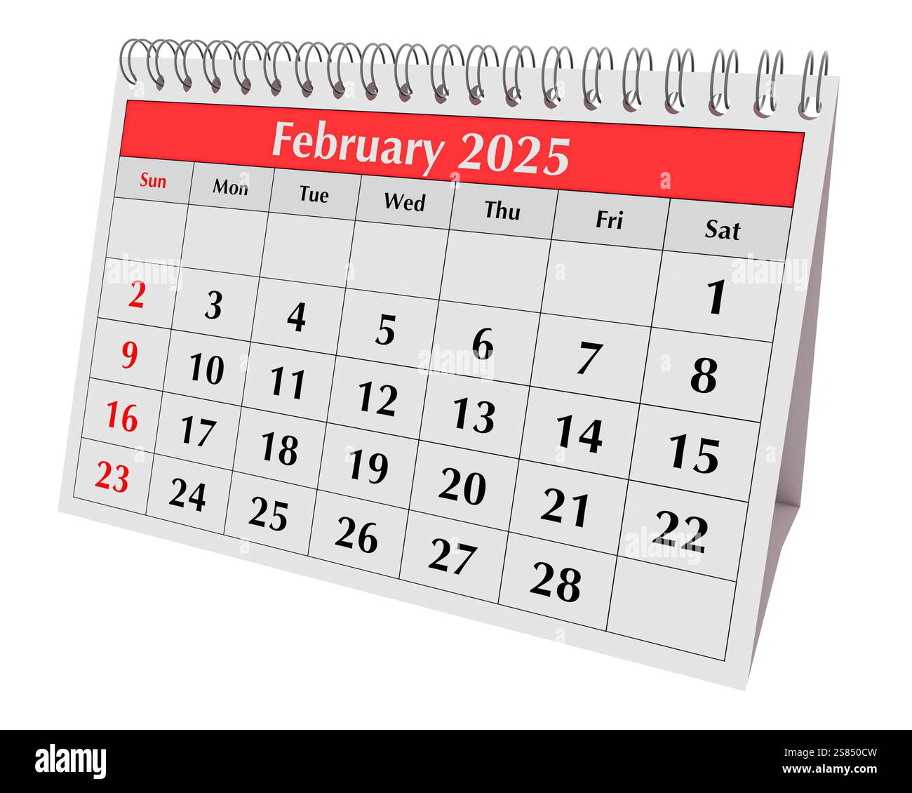 Februar 2025-Kalender. Seite des jährlichen Winterkalenders für den Business Desk-Monat auf weißem Hintergrund Stockfoto