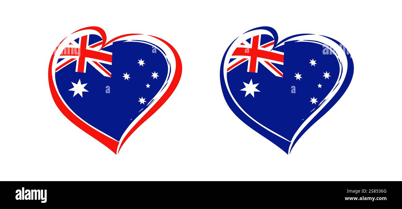 Set handgezeichneter, isolierter Herzen mit der Flagge Australiens. Roter und blauer Pinselstrich, australischer Flaggenhintergrund, Markenidentität kreativ Stock Vektor
