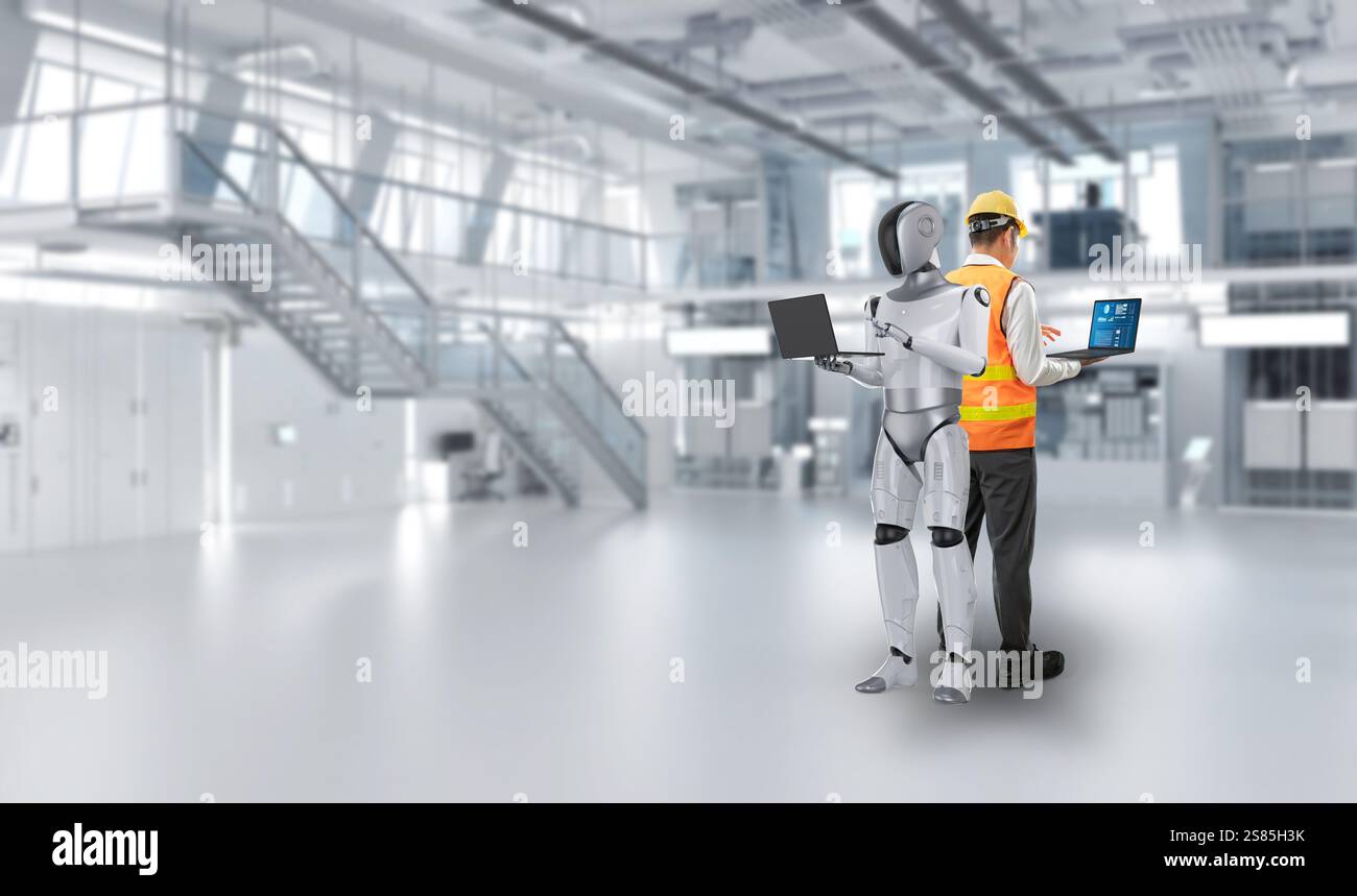 Konzept der Automatisierungsindustrie mit Ingenieurarbeit mit Assistenzroboter Stockfoto
