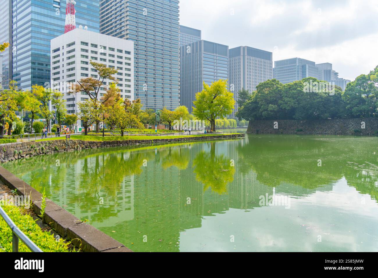 Blick auf die Stadthäuser, die sich im OTE-bori-Graben widerspiegeln, die Ostgärten des Kaiserpalastes, Chiyoda, Tokio, Honshu, Japan Stockfoto