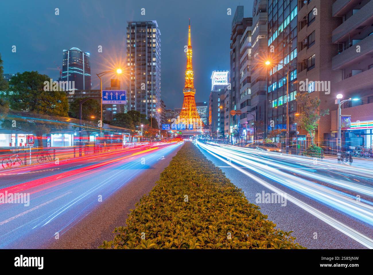 Blick auf den Tokyo Tower, die Stadtstraßen und die Straßenlaternen bei Nacht, Minato City, Tokio, Honshu, Japan Stockfoto
