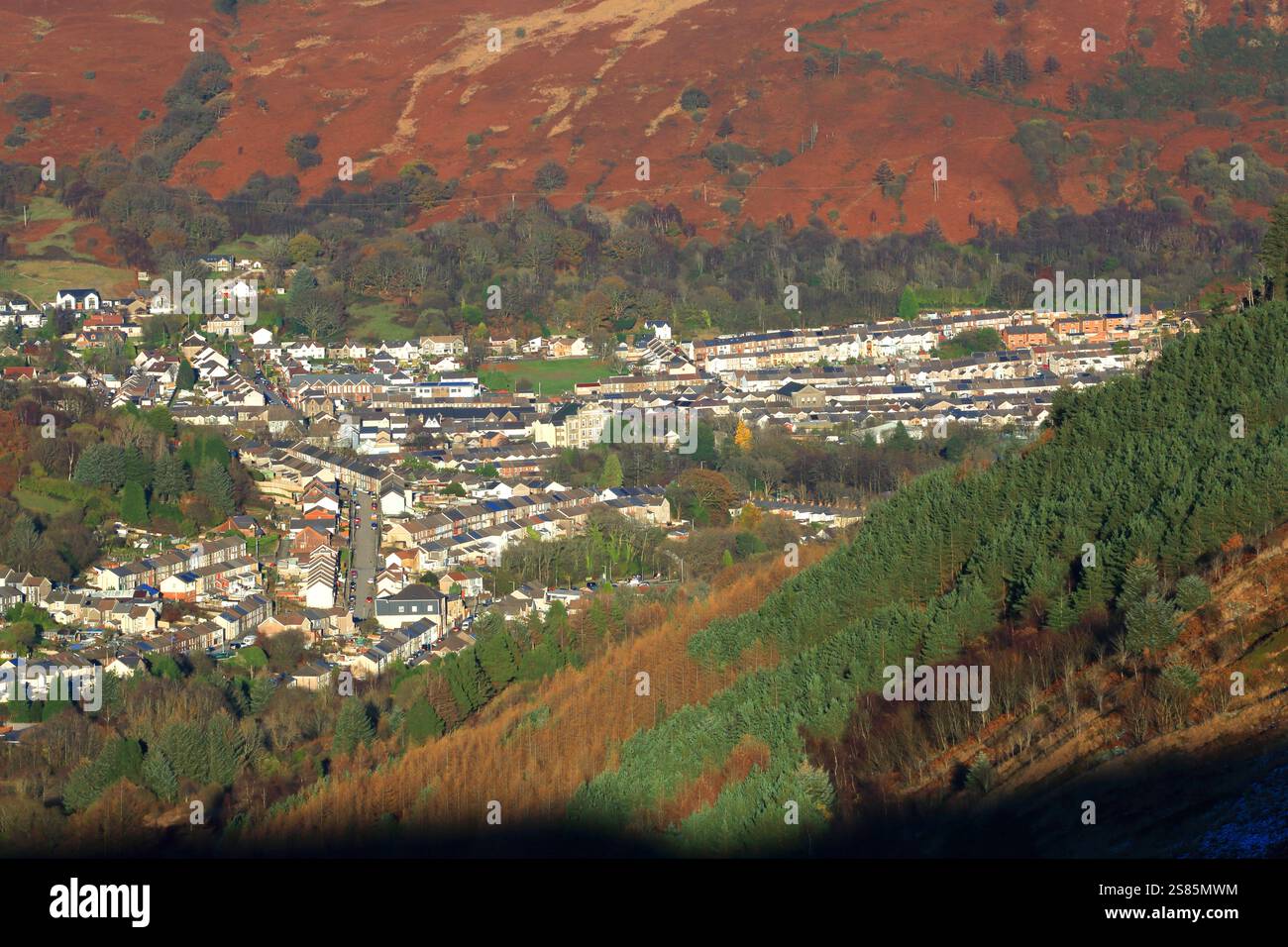 Treorchy aus dem Bwylch, Rhondda Valley, Südwales, Vereinigtes Königreich Stockfoto