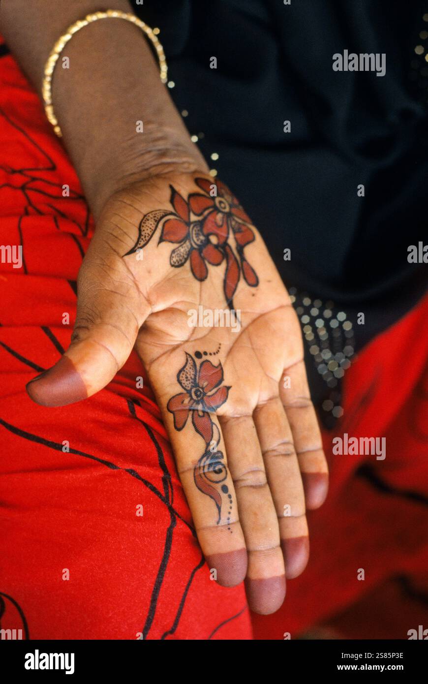Henna-Zeichnung zur Hand, Dhofar, Sultanat Oman, Arabische Halbinsel Stockfoto