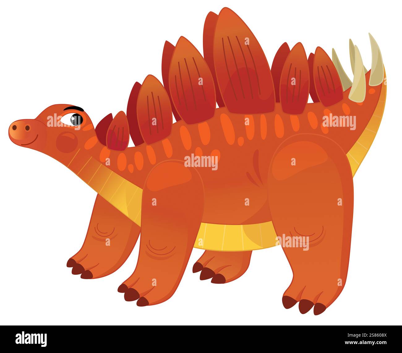 Zeichentrickszene mit glücklichem prähistorischen Tier Stego Stegosaurus lächelt und geht isoliert auf weißem Hintergrund Illustration für Kinder Stockfoto