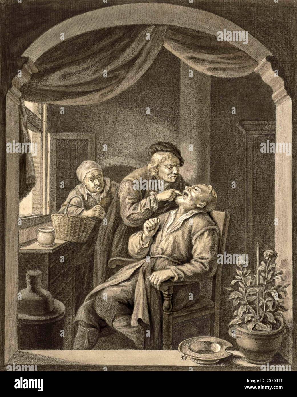 Beim Zahnarzt, Arzt schaut einem Mann in den Mund, eine Bäuerin schaut skeptisch zu, Arztpraxis im Mittelalter, 1741, Holland, Gemälde von Abraham Delfos, Historisch, digital restaurierte Reproduktion von einer Vorlage aus dem 19. Jahrhundert Stockfoto