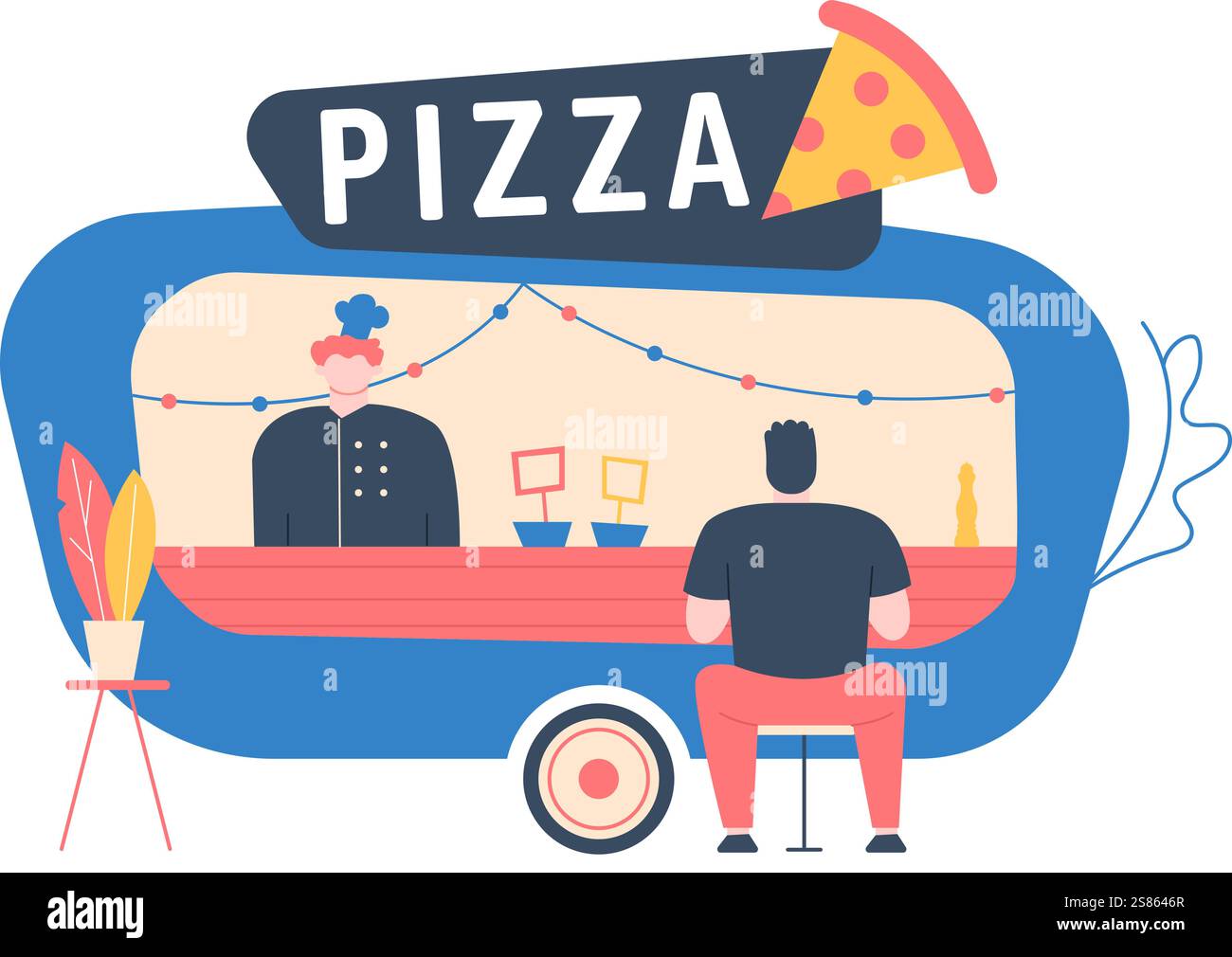 Koch serviert einem Kunden, der Pizza in einem Food Truck bestellt, der Essen zum Mitnehmen verkauft, das mit Lichtern und einem Stück Pizza dekoriert ist, und wirbt für Street Food Stock Vektor