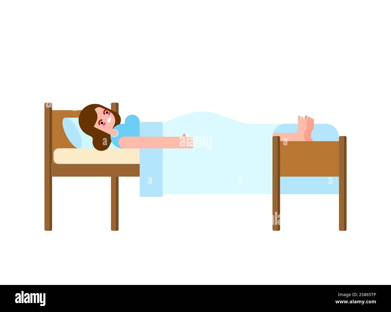 Trauriges Mädchen liegt im Bett unter der Decke und fühlt sich einsam. Stock Vektor