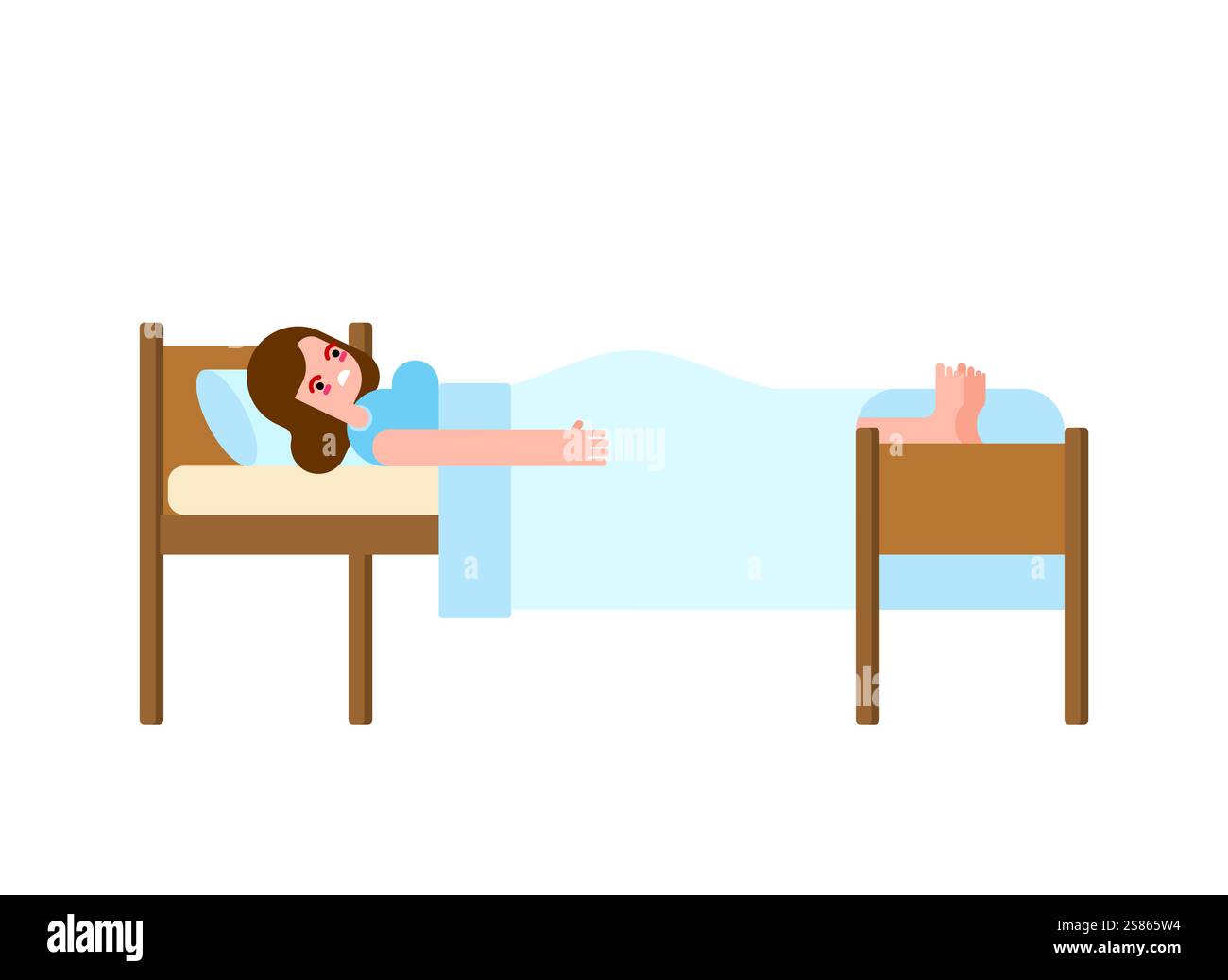 Trauriges Mädchen liegt im Bett unter der Decke und fühlt sich einsam. Stock Vektor