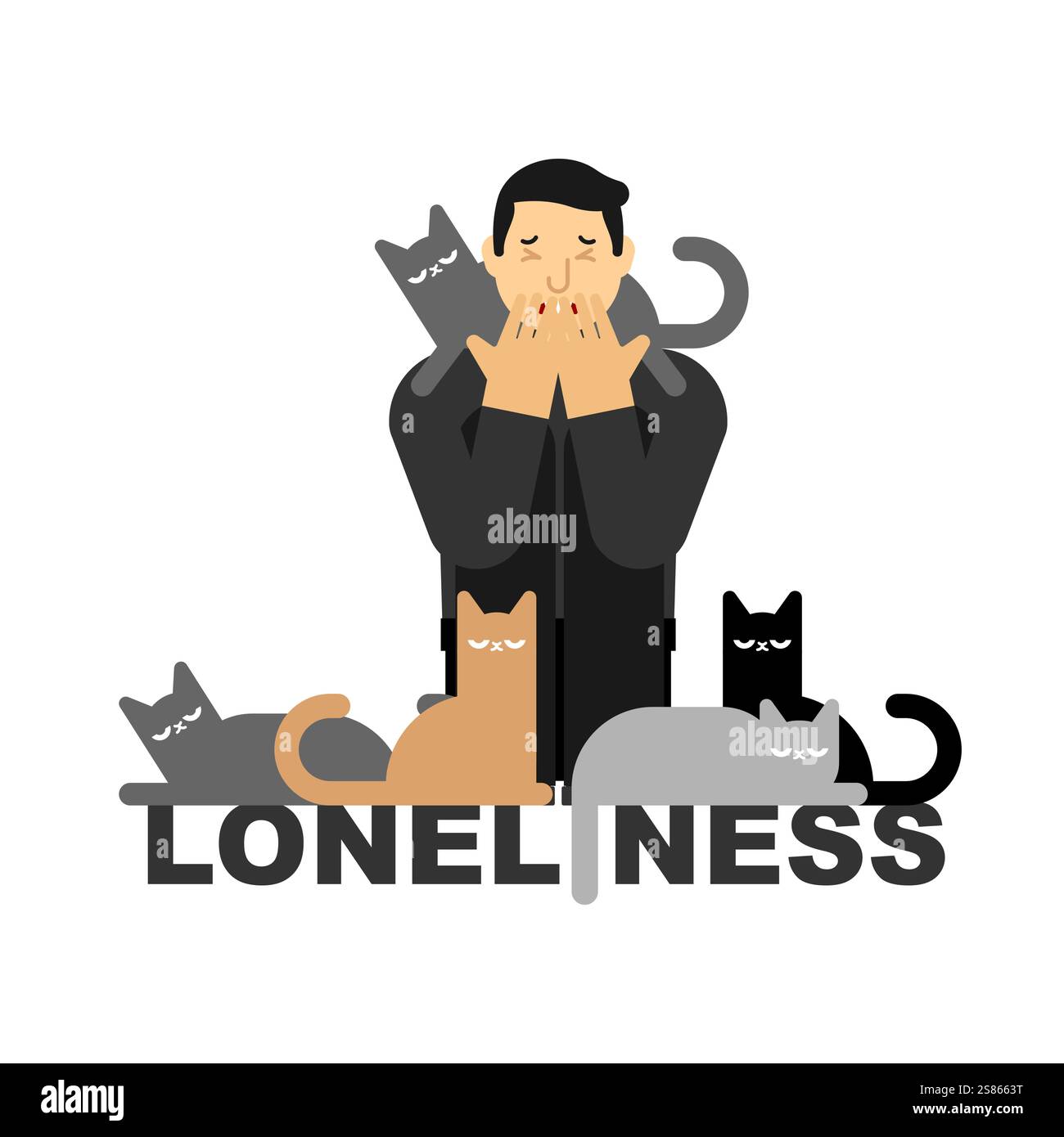 Einsamkeit. Einsamer Katzenliebhaber. Trauriger Kerl mit Katzen und fühlt sich einsam. Stock Vektor