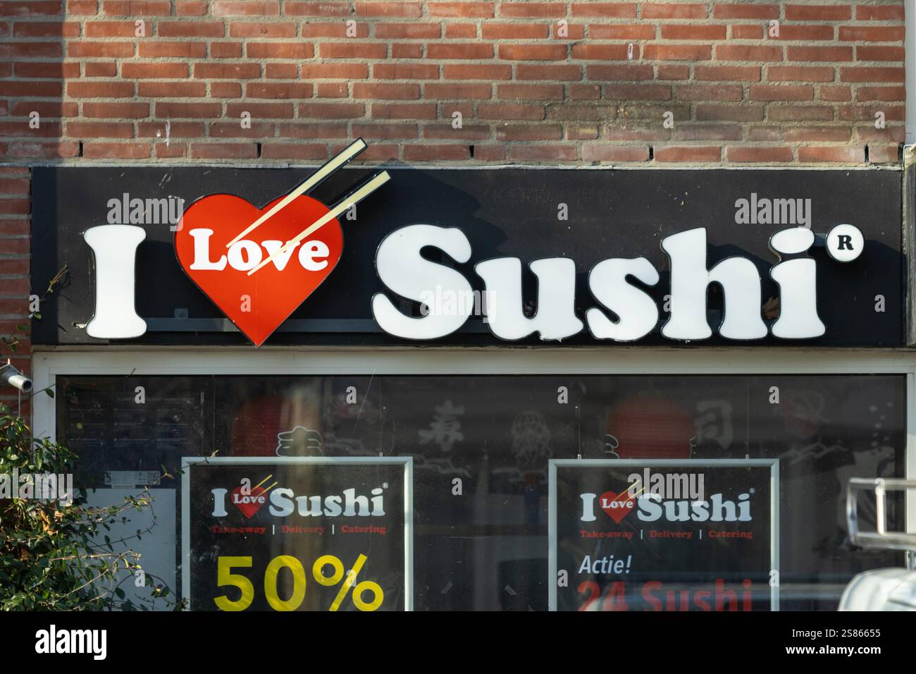 Ich liebe das Sushi Schild über dem Restaurant in woerden. Stockfoto