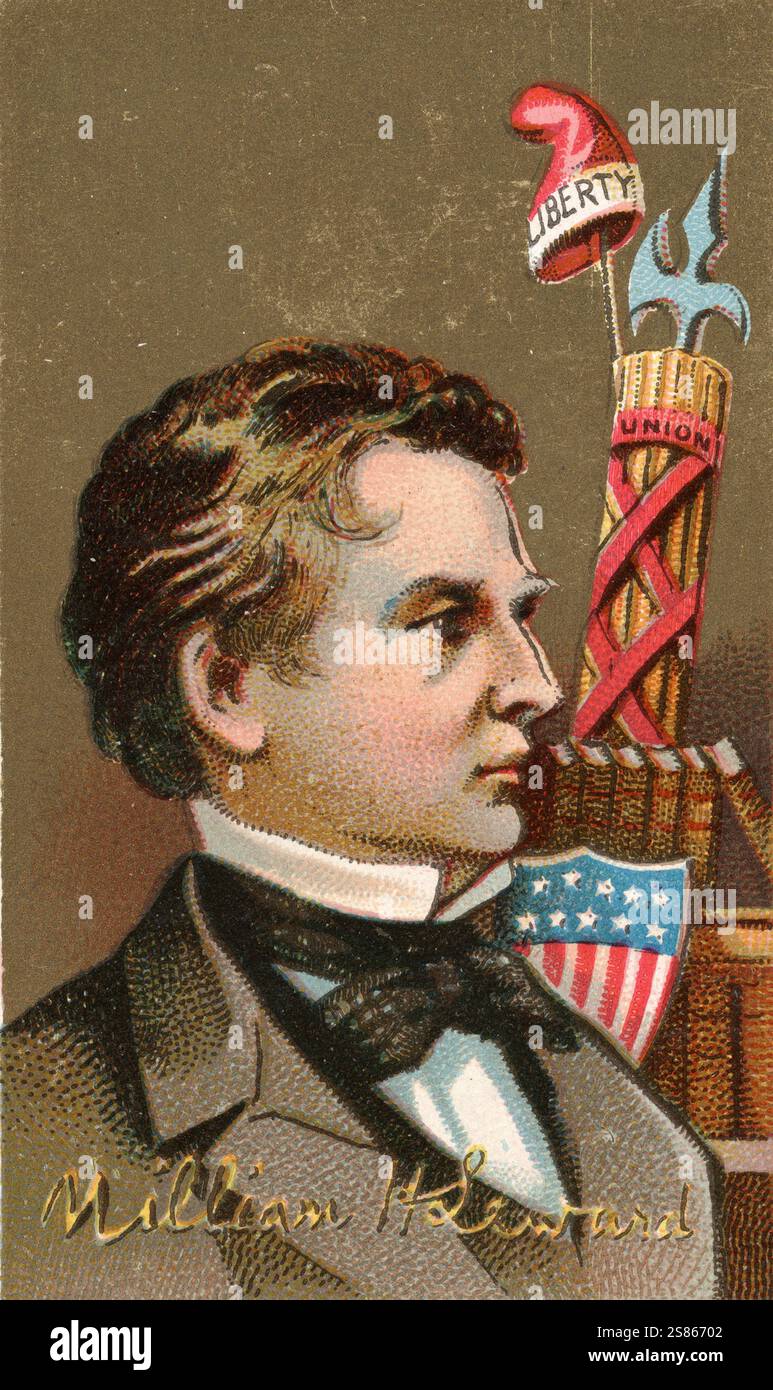 Berühmte Personen der amerikanischen Geschichte, William Henry Seward (* 16. Mai 1801 in Florida, Orange County, New York; † 10. Oktober 1872 in Auburn, New York) war ein US-amerikanischer Politiker (R), der von 1861 bis 1869 unter den Präsidenten Abraham Lincoln und Andrew Johnson als Außenminister der Vereinigten Staaten amtierte, Historisch, digitale Reproduktion eines Sammelbildes aus dem 19. Oktober 1989. Jahrhundert' Stockfoto