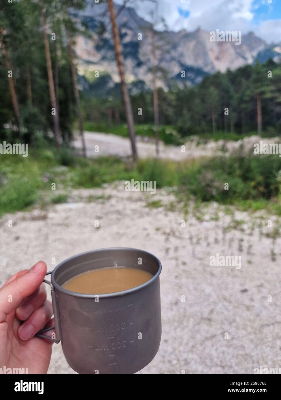 Eine Hand hält eine Tasse Kaffee aus Metall in einem üppigen Wald, mit hoch aufragenden Bäumen und Berglandschaft im Hintergrund unter blauem Himmel Stockfoto