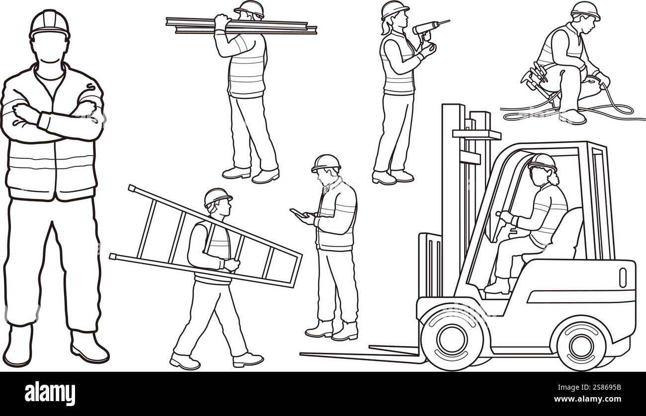 Bauarbeiter Vektor flache Illustration Set isoliert auf Einem weißen Hintergrund. Stock Vektor