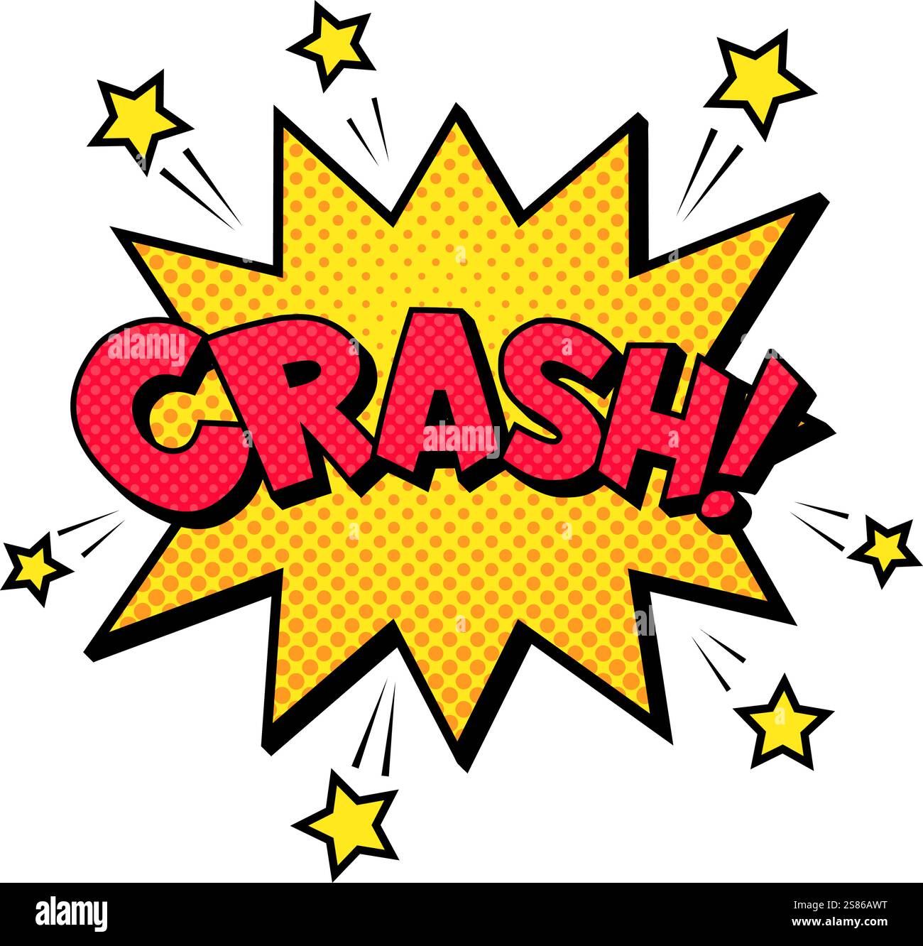 Comic-Explosion mit dem Wort Crash explodiert aus einer gelben Sternform mit roten Buchstaben und gelben Sternen umgeben es auf weißem Hintergrund Stock Vektor