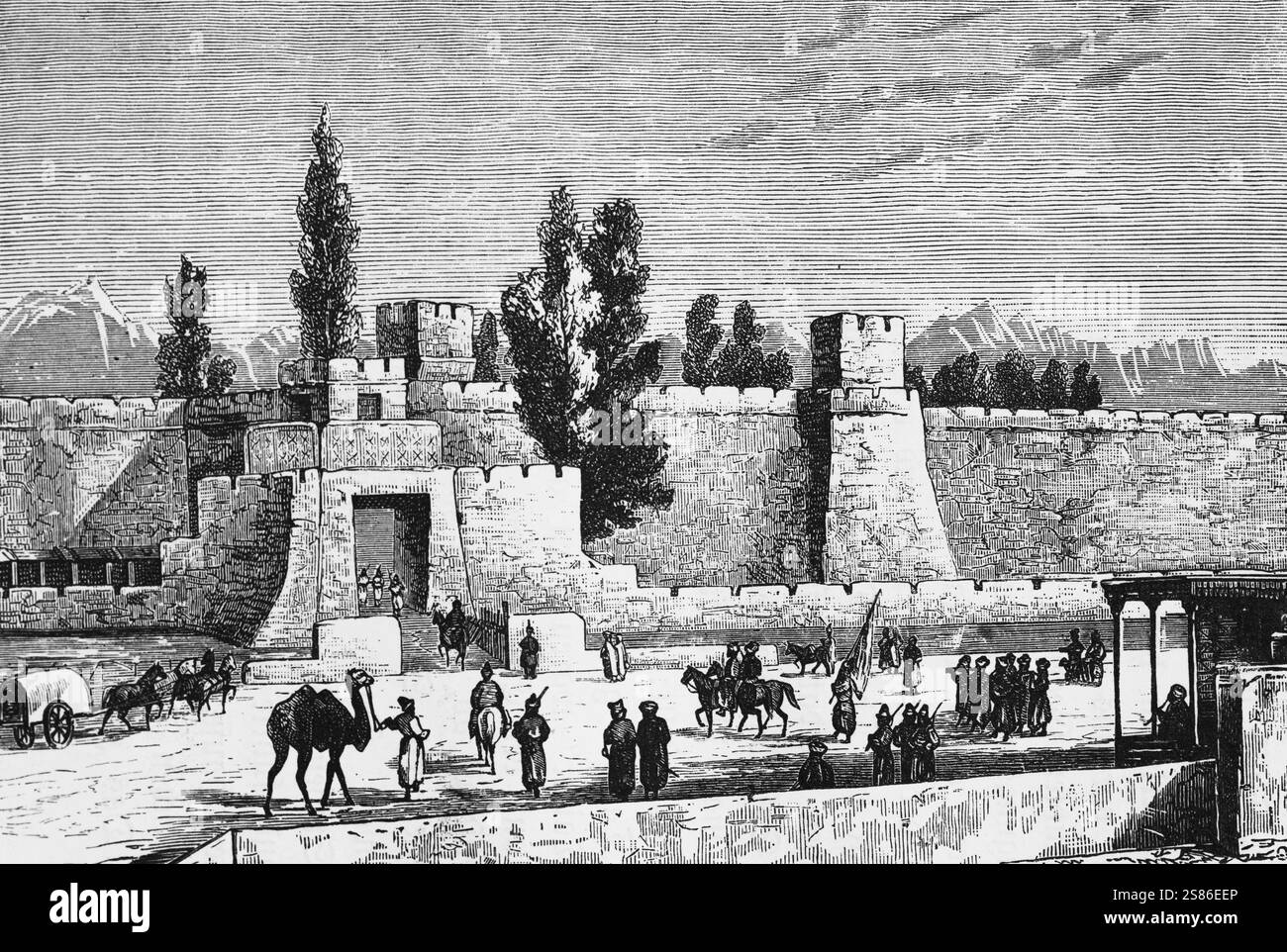 Fort in der Nähe von Kaxga mit Soldaten, die auf dem Platz vor dem Hotel paraden, Xinjiang, China, reisen um die Welt, historische Abbildung 1887 Stockfoto