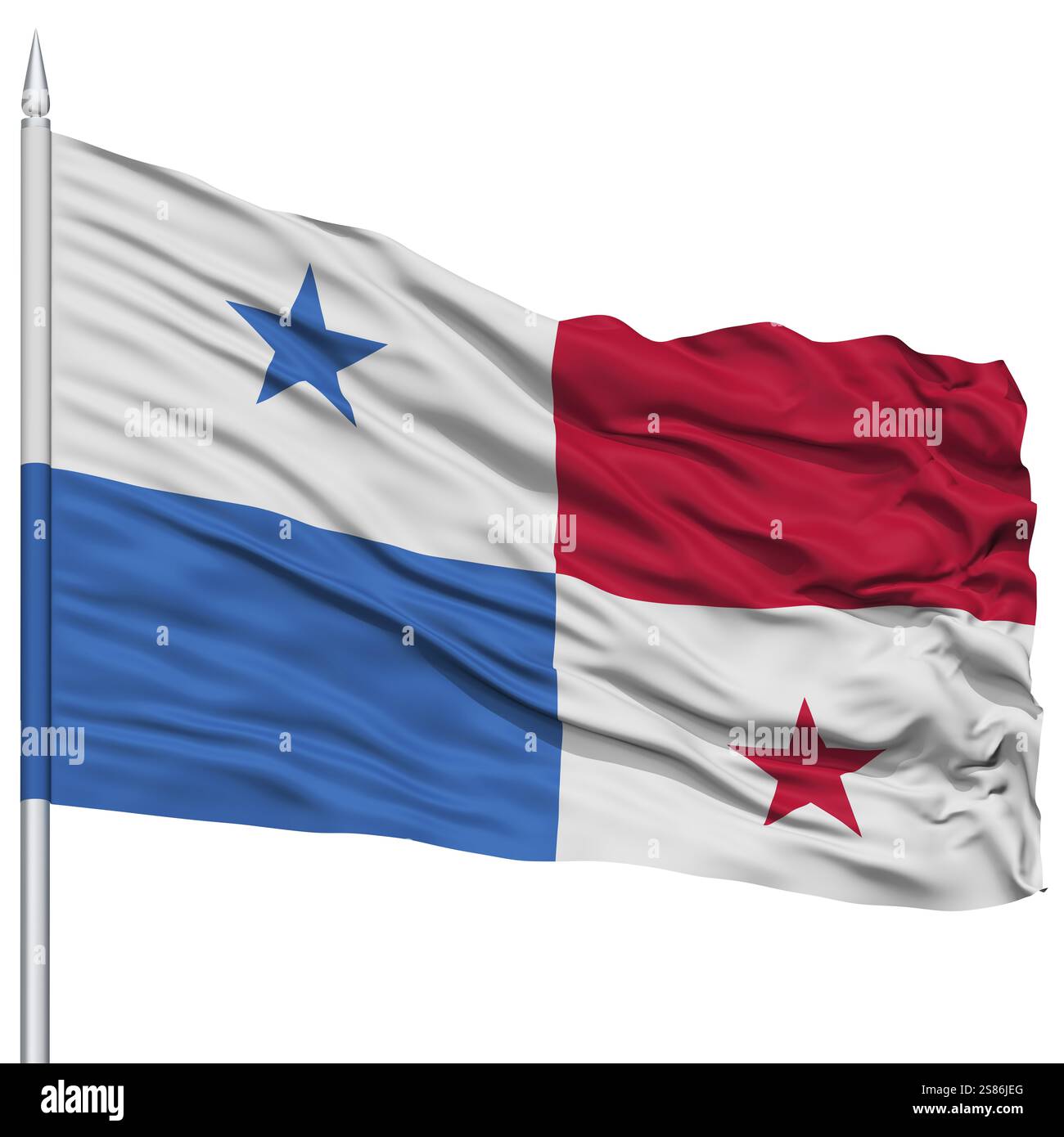 Panama-Flagge auf Fahnenmast, im Wind fliegen, isoliert auf weißem Hintergrund Stockfoto