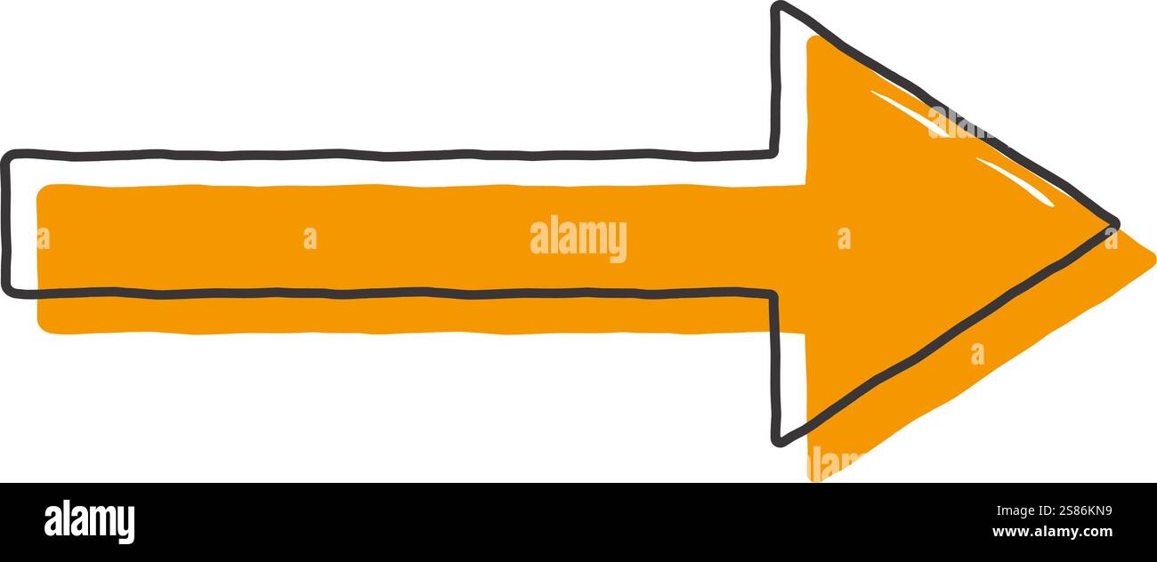 Einfacher handgezeichneter Rechtspfeil mit orangefarbener Füllung und schwarzer Umrandung auf weißem Hintergrund, ideal für Richtungs-, Navigations- oder Schilderdesigns. Stock Vektor