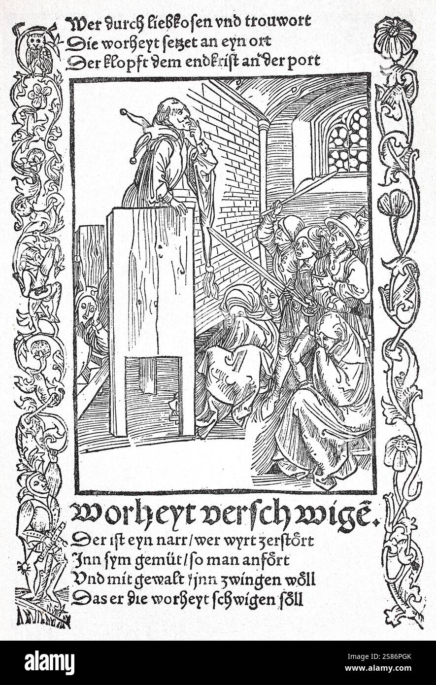Das Narrenschiff von Sebastian Brant, 1494, spätmittelalterliche Moralsatire. Die Wahrheit verschweigen, der Narr auf der Kanzel hält den Finger vor den Mund um die Wahrheit zu versäumen., Historisch, digital restaurierte Reproduktion von einer Vorlage aus dem 19. Jahrhundert Stockfoto