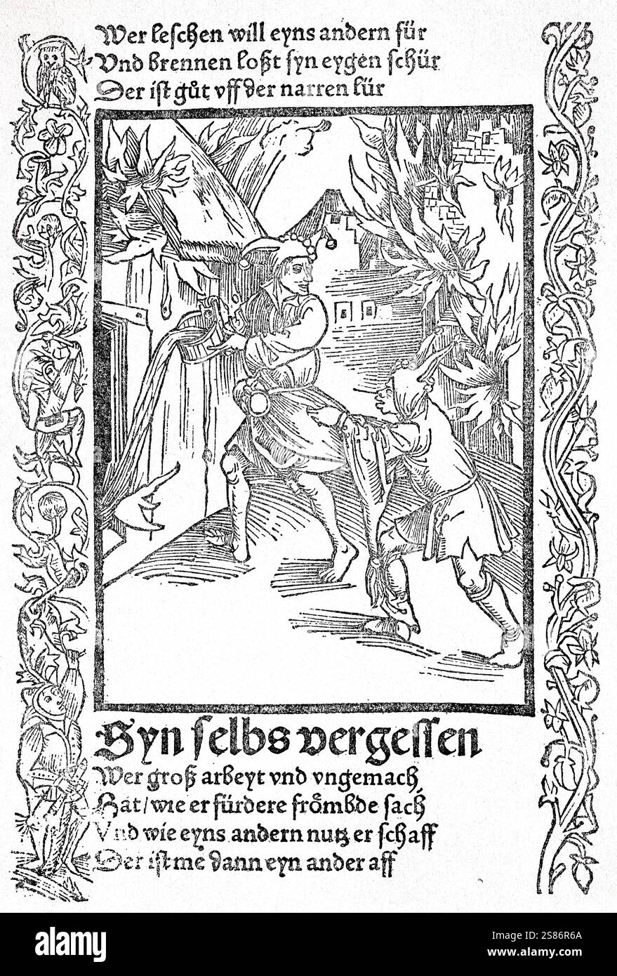 Das Narrenschiff von Sebastian Brant, 1494, spätmittelalterliche Moralsatire. Sich um die Angelegenheiten anderer kümmern, ein Narr muss der genannt werden, der Nachbarn brennendes Haus löscht, während sein eigenes Anwesen in Flammen steht, Historisch, digital restaurierte Reproduktion von einer Vorlage aus dem 19. Jahrhundert Stockfoto