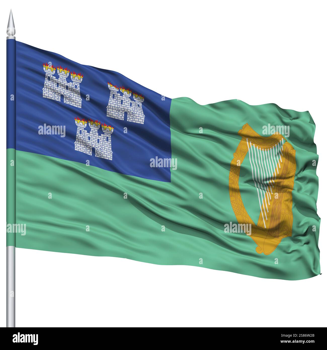 Dublin City Flagge am Fahnenmast, Hauptstadt von Irland, Fliegen in den Wind, isoliert auf weißem Hintergrund Stockfoto