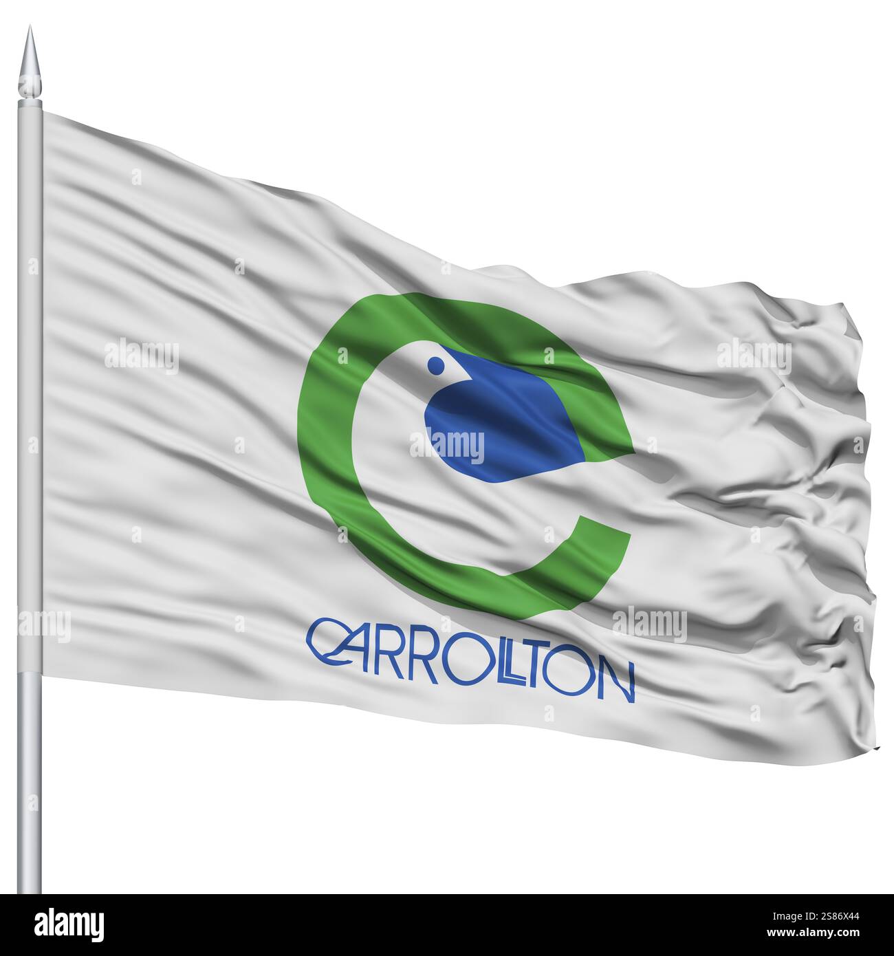 Carrollton Flagge am Fahnenmast, Texas State, fliegen im Wind, Isolated on White Background Stockfoto