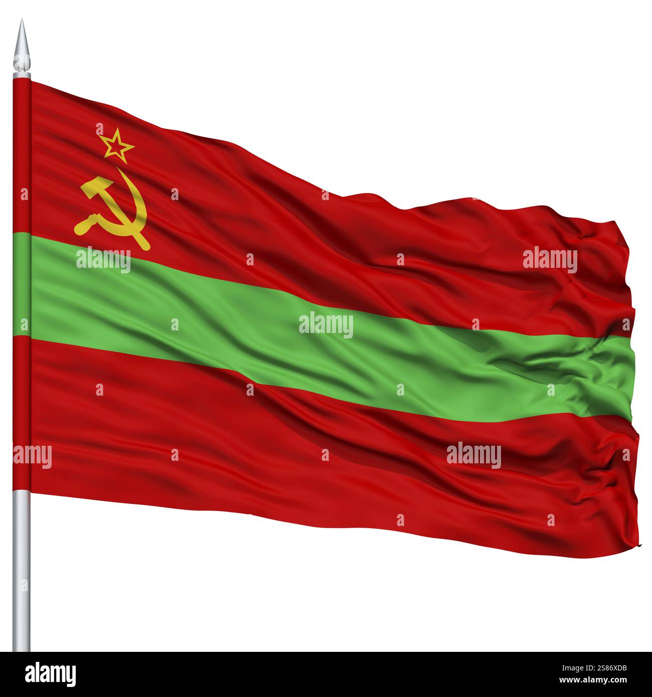 Transnistrien-Flagge auf Fahnenmast, im Wind fliegt, isoliert auf weißem Hintergrund Stockfoto