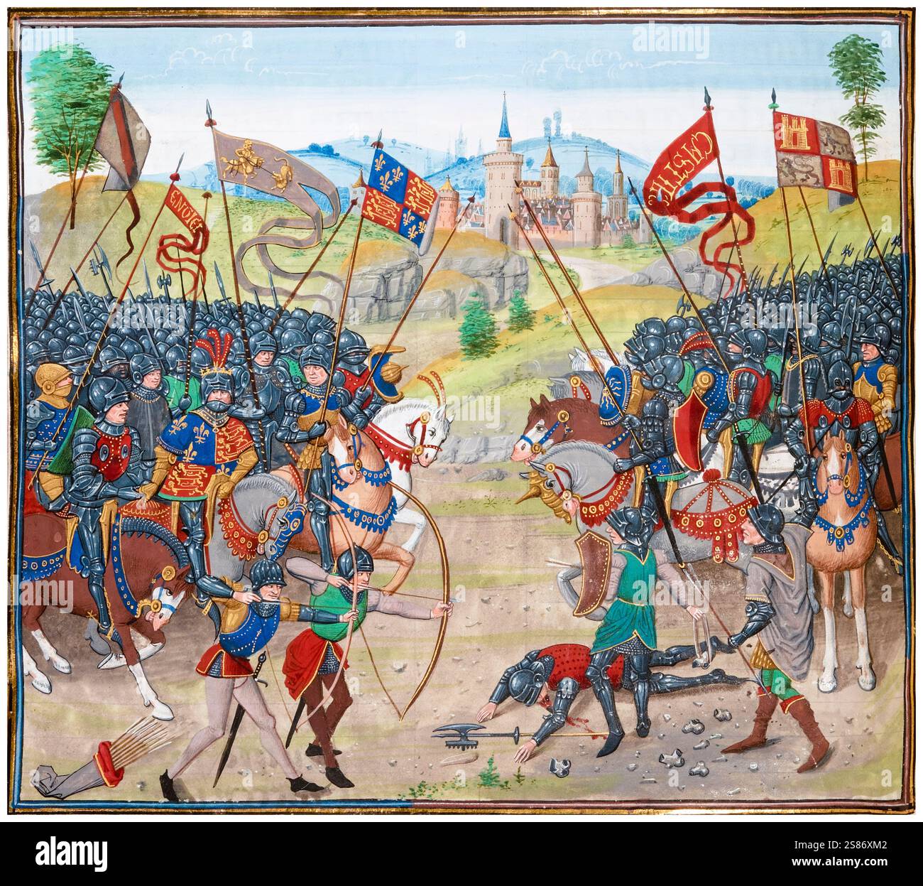 Mittelalterliche Schlacht: Die Schlacht von Najera, 3. April 1367, auch bekannt als die Schlacht von Navarette, Teil des kastilischen Bürgerkriegs, illustrierte Handschrift von Loyset Liédet, 1401-1499 Stockfoto Mittelalterliche Schlacht: Die Schlacht von Najera, 3. April 1367, auch bekannt als die Schlacht von Navarette, Teil des kastilischen Bürgerkriegs, illustrierte Handschrift von Loyset Liédet, 1401-1499 Stockfoto