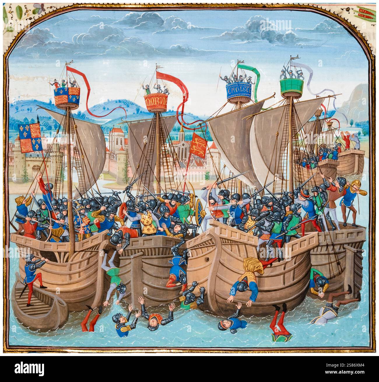 Mittelalterliche Schlacht: The Battle of Sluys, 24. Juni 1340, auch bekannt als die Schlacht von l’Ecluse, war eine Seeschlacht zwischen England und Frankreich, eine der Eröffnungskämpfe des Hundertjährigen Krieges, illustriertes Miniaturgemälde von Loyset Liédet, 1401-1499 Stockfoto Mittelalterliche Schlacht: The Battle of Sluys, 24. Juni 1340, auch bekannt als die Schlacht von l’Ecluse, war eine Seeschlacht zwischen England und Frankreich, eine der Eröffnungskämpfe des Hundertjährigen Krieges, illustriertes Miniaturgemälde von Loyset Liédet, 1401-1499 Stockfoto