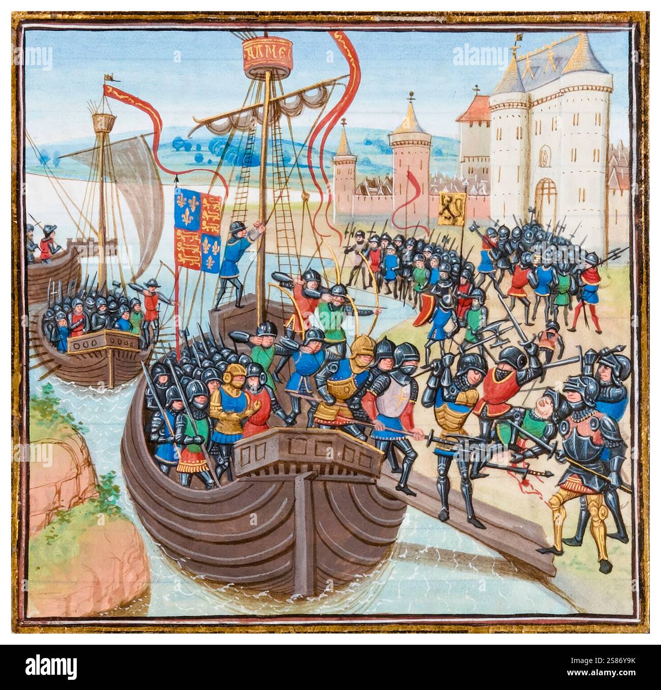 Mittelalterliche Schlacht: Die Schlacht von Cadzand, November 1337, ein frühes Scharmützel des Hundertjährigen Krieges, beleuchtetes Miniaturgemälde von Loyset Liédet, 1401-1499 Stockfoto Mittelalterliche Schlacht: Die Schlacht von Cadzand, November 1337, ein frühes Scharmützel des Hundertjährigen Krieges, beleuchtetes Miniaturgemälde von Loyset Liédet, 1401-1499 Stockfoto