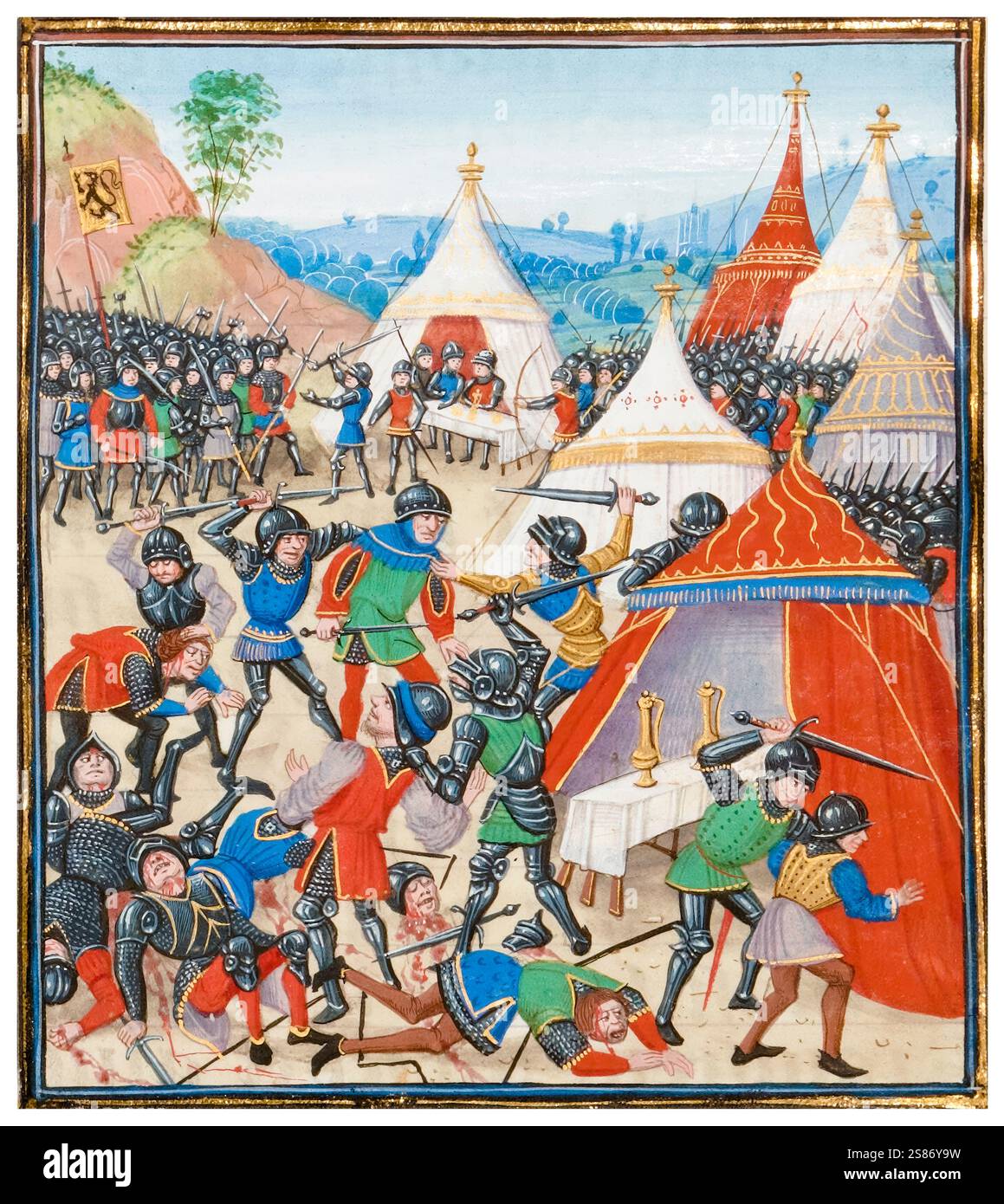 Mittelalterliche Schlacht: Die Schlacht von Cassel, 1347, zwischen Frankreich und Flandern, Teil des Hundertjährigen Krieges, illustrierte Handschrift von Loyset Liédet, 1401-1499 Stockfoto Mittelalterliche Schlacht: Die Schlacht von Cassel, 1347, zwischen Frankreich und Flandern, Teil des Hundertjährigen Krieges, illustrierte Handschrift von Loyset Liédet, 1401-1499 Stockfoto