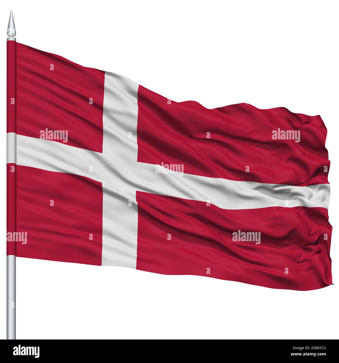 Dänemark Flagge auf Fahnenmast, im Wind fliegen, isoliert auf weißem Hintergrund Stockfoto