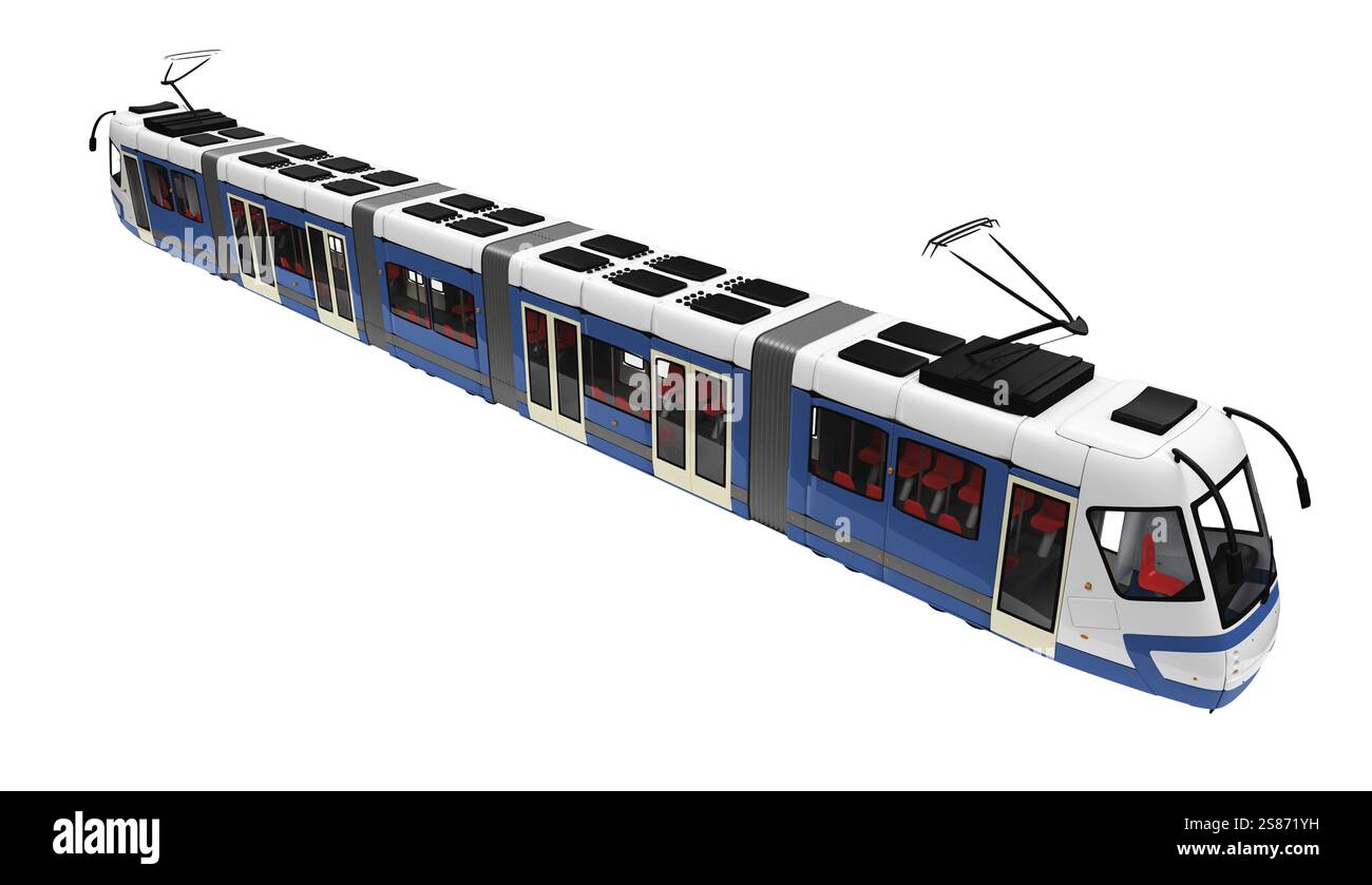 Isolierte lange Straßenbahn auf weißem Hintergrund Stockfoto