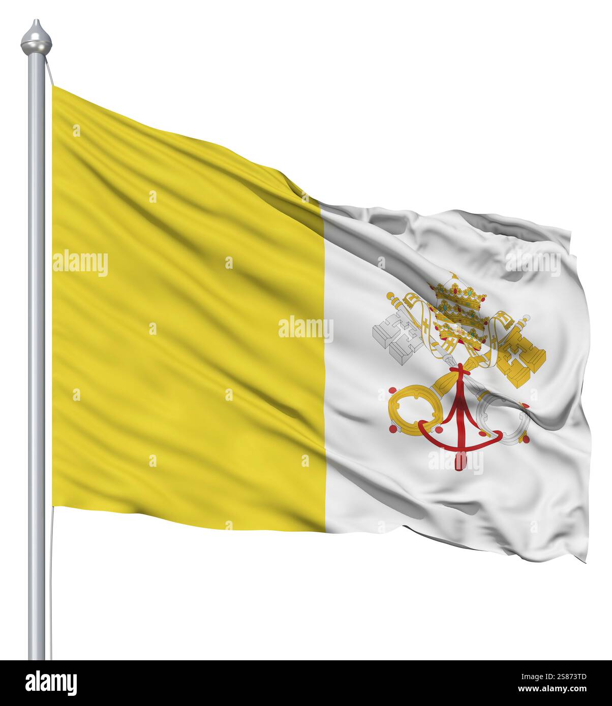 Flagge der Vatikanstadt mit Fahnenmast winken in den Wind vor weißem Hintergrund Stockfoto