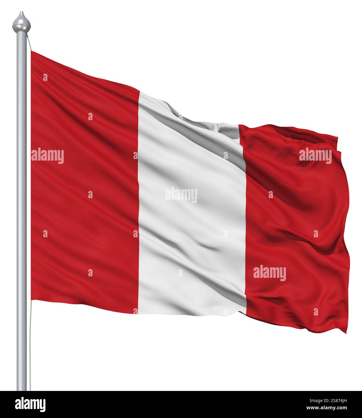 Flagge von Peru mit Fahnenmast winken in den Wind vor weißem Hintergrund Stockfoto