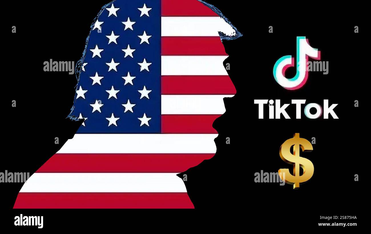 Eine Abbildung zeigt die US-Flagge mit dem TikTok-LOGO und einem Dollar in Shanghai, China, 21. Januar 2025. Stockfoto