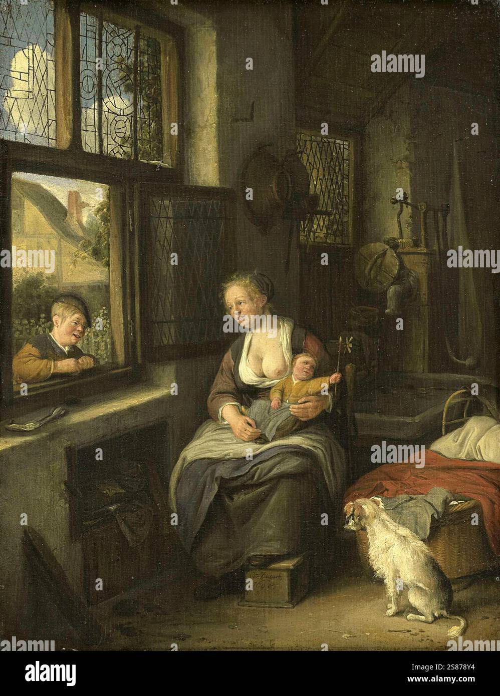 Eine Mutter mit ihren Kindern in ihrer Wohnung, mit Hund, 1690, Holland, Gemälde von Cornelis DuSart, Historisch, digital restaurierte Reproduktion von einer Vorlage aus dem 19. Jahrhundert Stockfoto