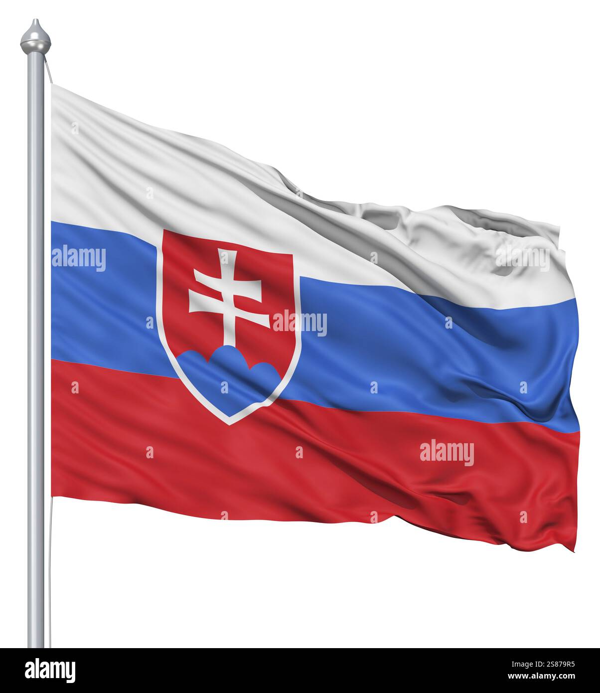 Flagge der Slowakei mit Fahnenmast winken in den Wind vor weißem Hintergrund Stockfoto
