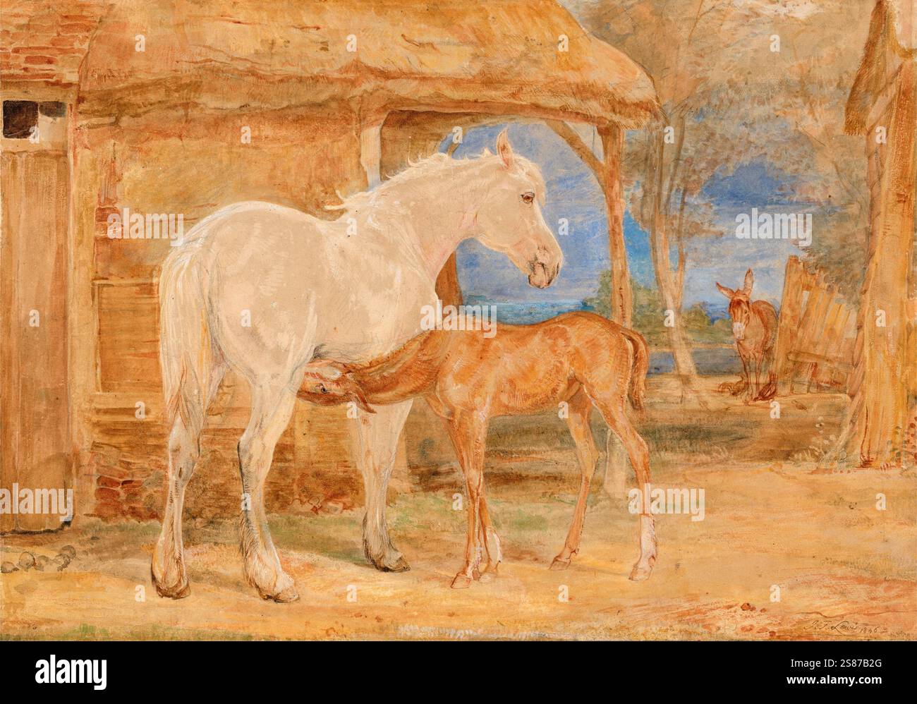 Graue Stute und kastanienbraunes Fohlen, 1846, Gemälde von John Frederick Lewis, Historisch, digital restaurierte Reproduktion von einer Vorlage aus dem 19. Jahrhundert Stockfoto