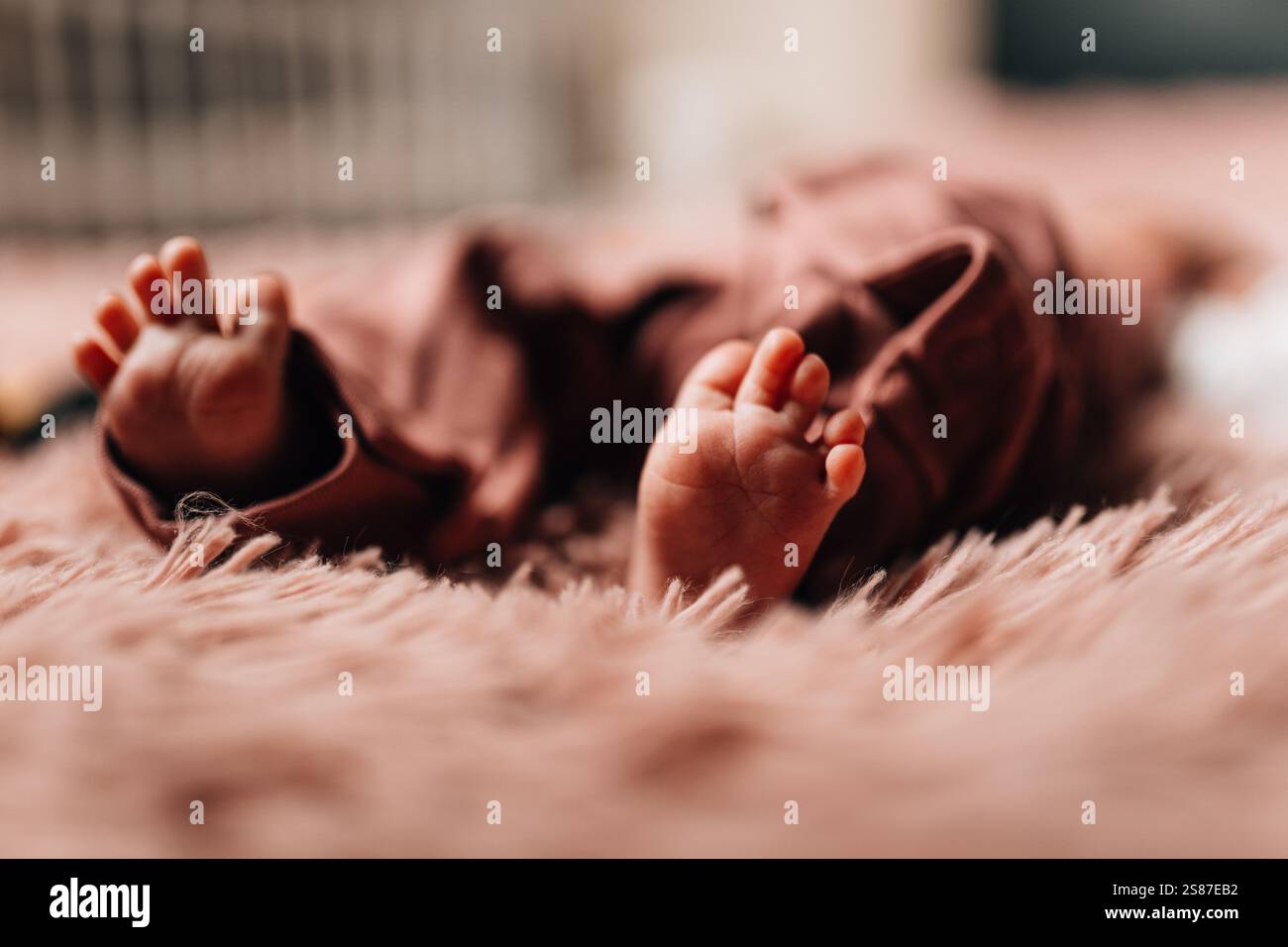 Neugeborenes, das friedlich schläft: Nahaufnahme eines kleinen Säuglings in einer weichen Decke Stockfoto