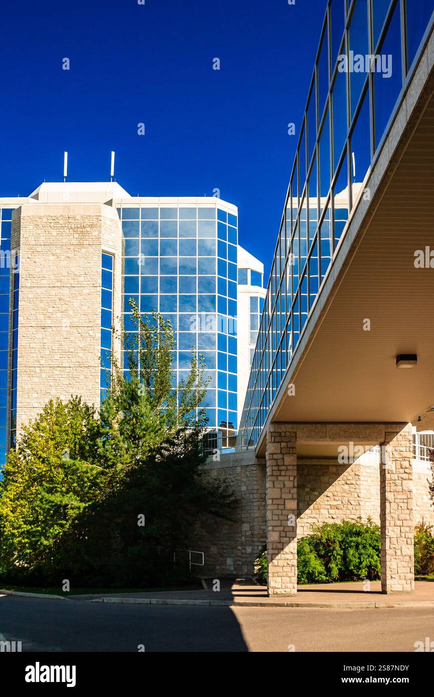 Im Hintergrund befindet sich ein großes Gebäude mit einer Glasfassade. Der Himmel ist blau und die Sonne scheint hell Stockfoto