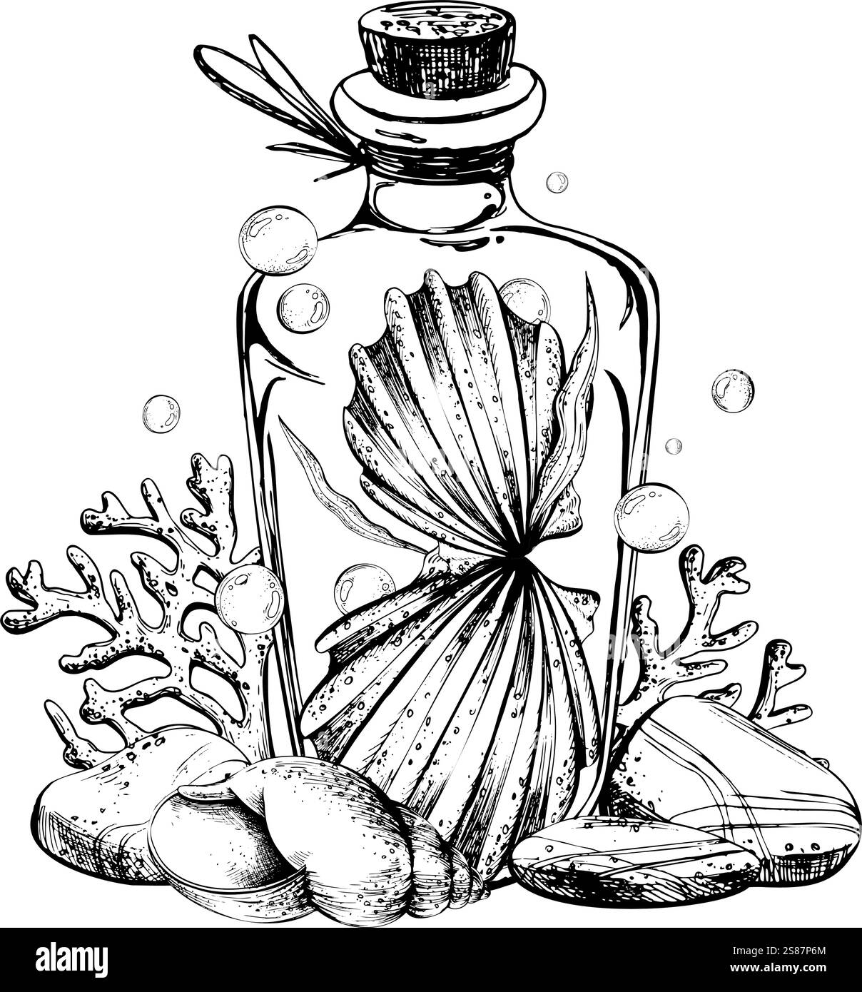 Muscheln, Meeresschwämme, Korallen, Kieselsteine und Blasen in einer Glasflasche mit Stopfen. Handgezeichnete grafische Illustration in Schwarz-weiß Stock Vektor