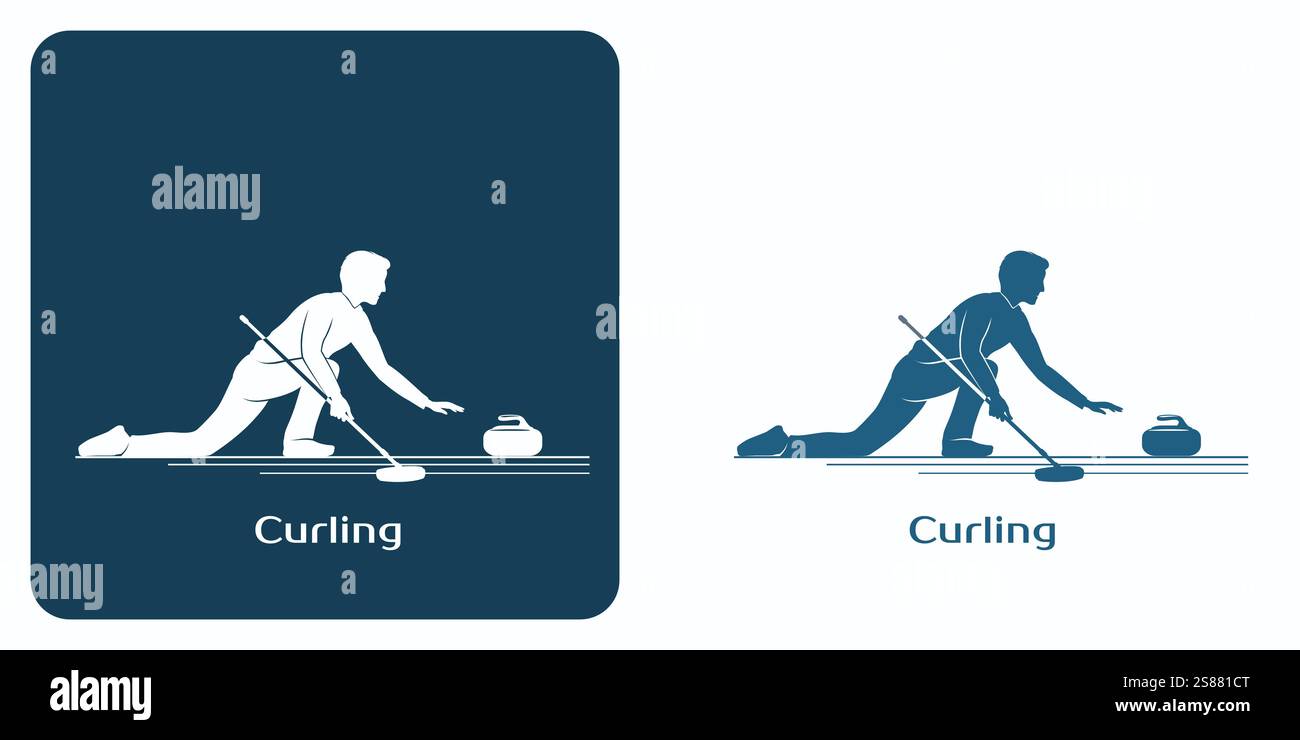 Lockenspiel-Emblem. Curler wirft einen Stein auf Eis. Stock Vektor