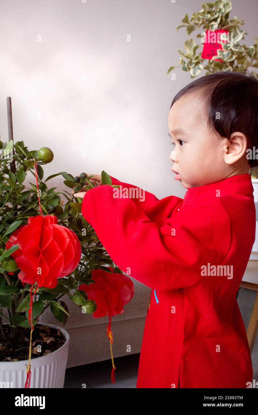 Baby mit Luna Neujahrsdekoration und Blume Stockfoto