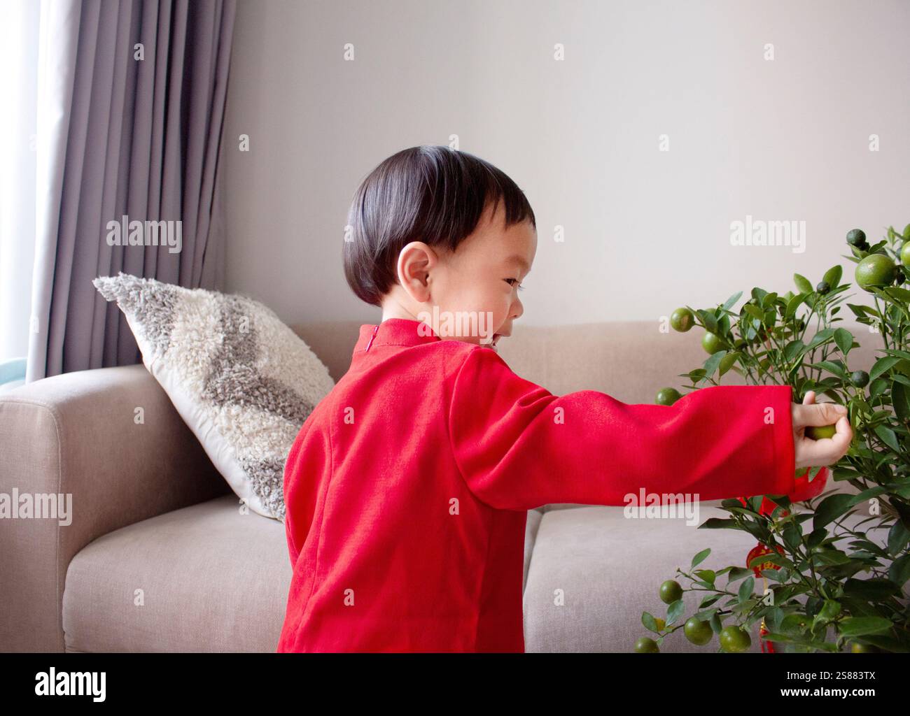 Baby mit Luna Neujahrsdekoration und Blume Stockfoto