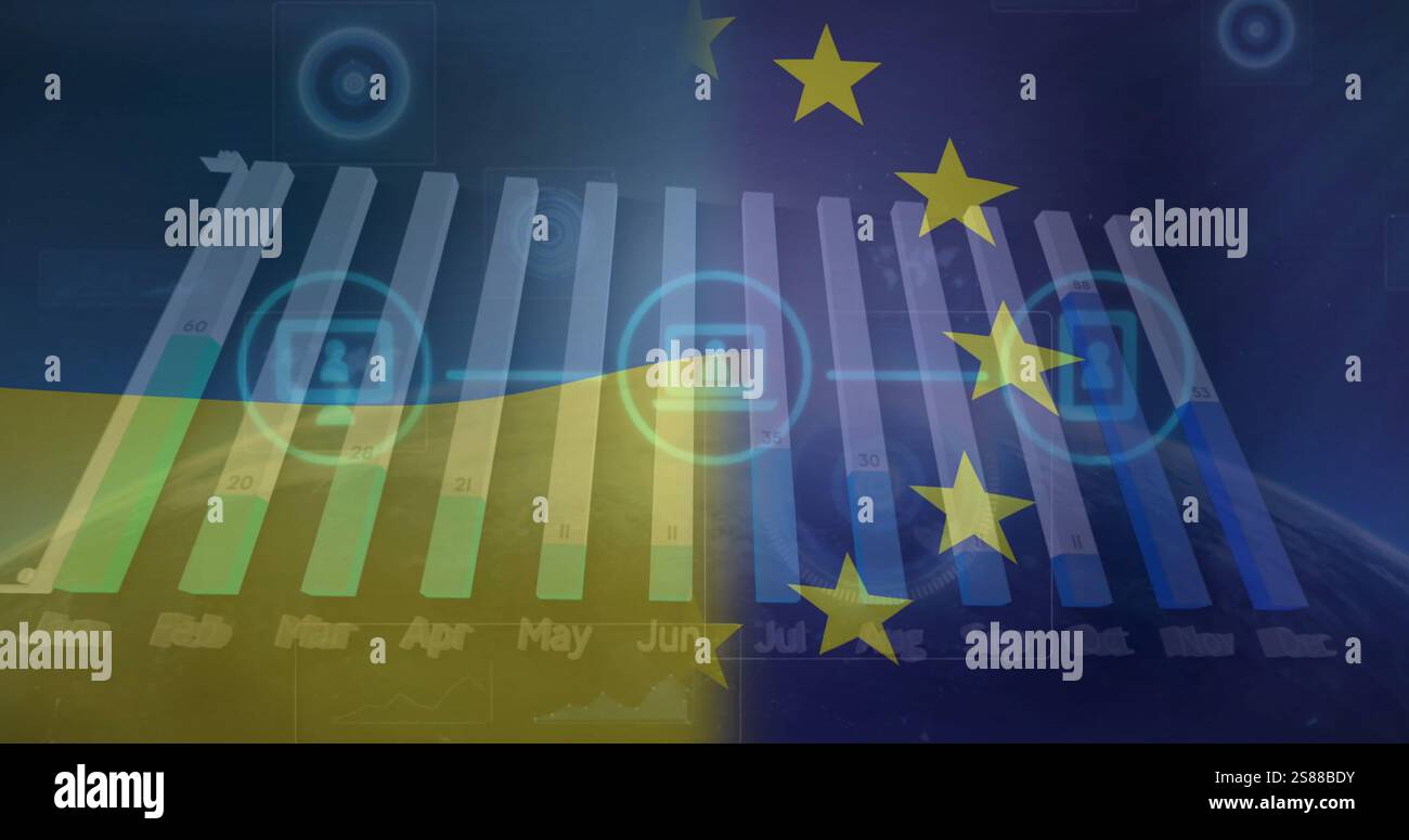 Bild der Flaggen der ukraine und der eu über Netzwerk von Mediensymbolen und Diagrammen, die Daten verarbeiten Stockfoto