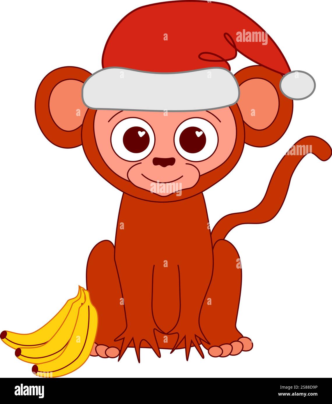 Ein Weihnachtsaffen Tier mit Bananen grafischer Linie Vektor Zeichentrickfigur in einer Santa Hut Komposition. china Neujahr 2028 Maskottchen Stock Vektor