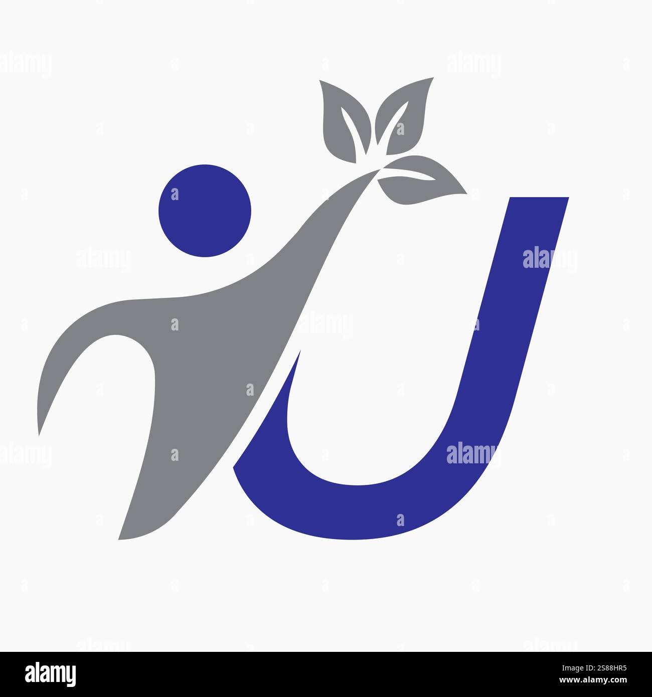 Initial Letter U Bio oder Healthcare Logo Design Konzept mit menschlichem und grünem Blatt Symbol Stock Vektor