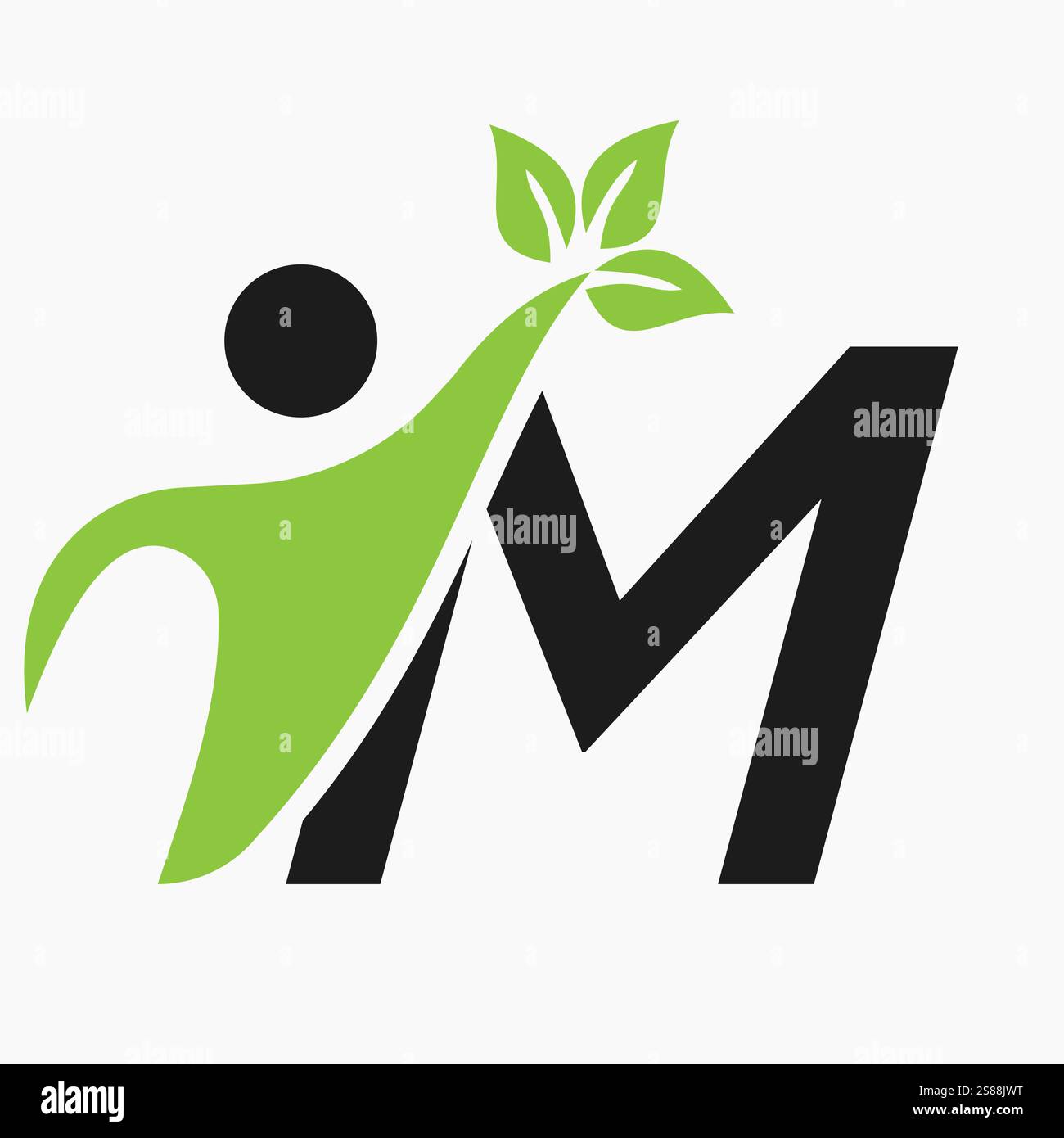 Initial Letter M Bio oder Healthcare Logo Design Konzept mit menschlichem und grünem Blatt Symbol Stock Vektor